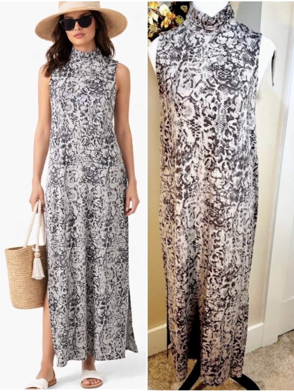 NWT Garnet Hill Snake Print High Neck Sleeveless Maxi Dress Side Slits Sz S 💛